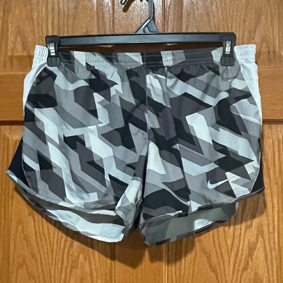 Nike Pants - NIKE Dri-Fit Women L Black Gray Geometric Built in Brief Athletic Running Shorts